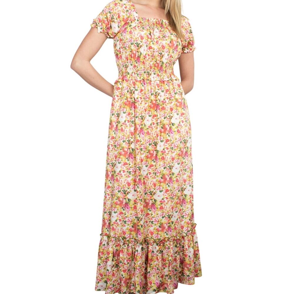 Loretta Caponi Square Neck Pink Floral Stefania Maxi Dress Medium